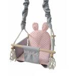 Kinderschaukel rosa-grau mit Bärenohren, Personalisierte Kinderschaukel, Schaukel für Kinderzimmer, Zweifarbige Kinderschaukel, Indoor Kinderschaukel aus ökologischen Materialien, Handgefertigte Schaukel mit Holzstangen, Umweltfreundliche Kinderschaukel