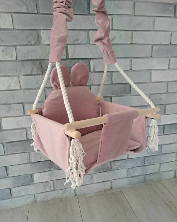 Kinderschaukel rosa mit Bärenohren, Personalisierte Kinderschaukel, Rosa Schaukel für Kinderzimmer, Schaukel aus ökologischem Material, Indoor Kinderschaukel, Handgefertigte Kinderschaukel, Buchenholz Kinderschaukel