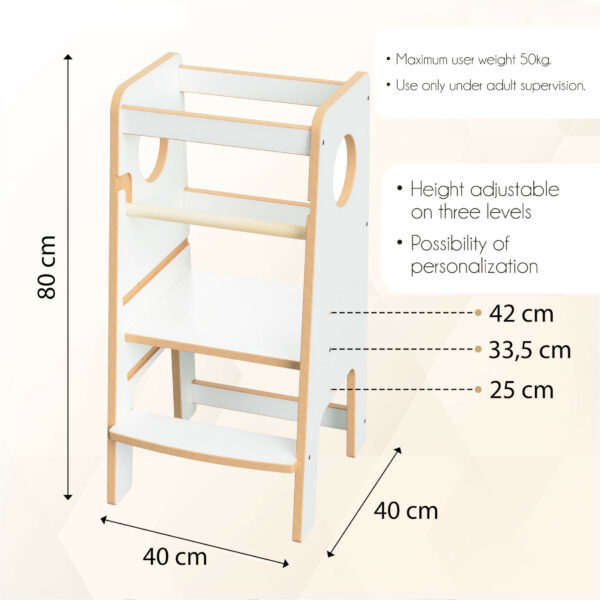Weißer Lernturm für Kinder, Verstellbarer Lernturm in Weiß mit rundem Ausschnitt, Moderner weißer Lernturm für die Küche, Sicherer weißer Lernturm für Kleinkinder, Kindertrittstufe mit Sicherheitsbügel in Weiß